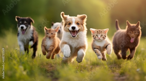 playful dog and cat duo joyfully frolicking in a meadow with blurred background - adorable pet friendship scene photo