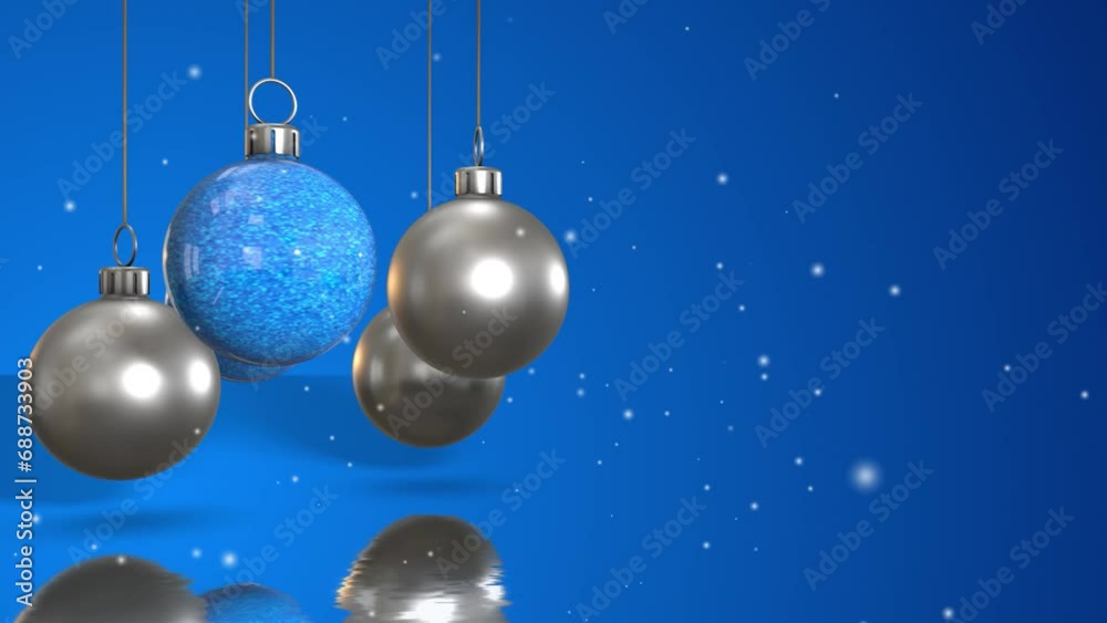Enchanting Christmas Ornaments: Twirling Festive Spheres on a Radiant Blue Background with Glowing Lights and snow Enchanting Christmas Ornaments: Twirling Festive Spheres on a Radiant Blue Background with Glowing Lights and snow