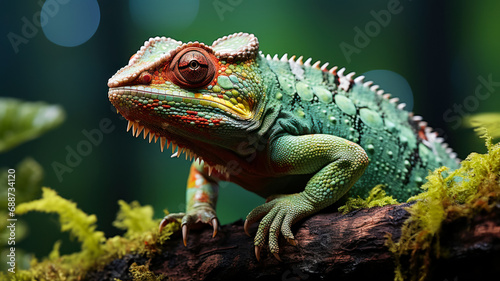 Chameleon in natural habitat, advertising photo or background for terrarium and animal study, pet lizards