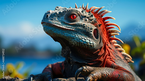 Galapagos marine iguana basking in the sun, observing fauna in its natural environment, background for travel advertising © Ed