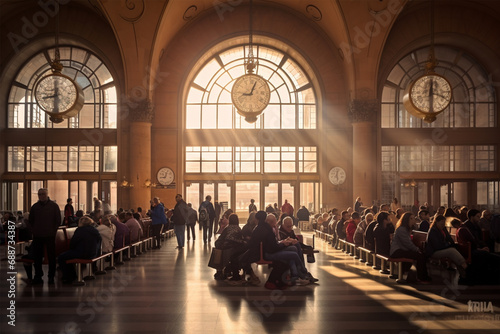 Railway station hall with people