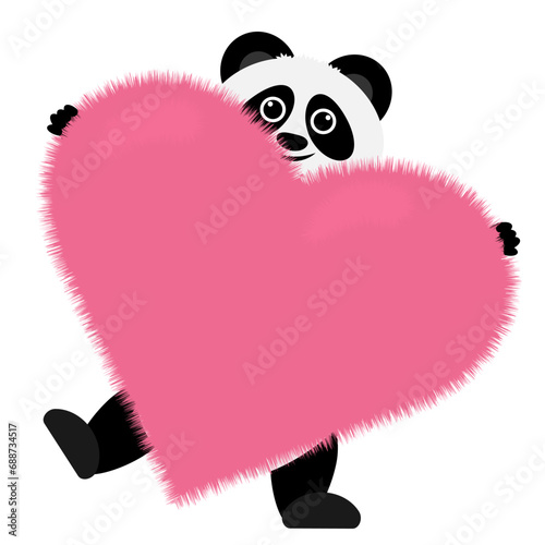 Cute cartoon panda with big fluffy heart. Declaration of love. Gift for February 14th, Valentine's Day. Isolated on white background. Congratulations on the holiday.