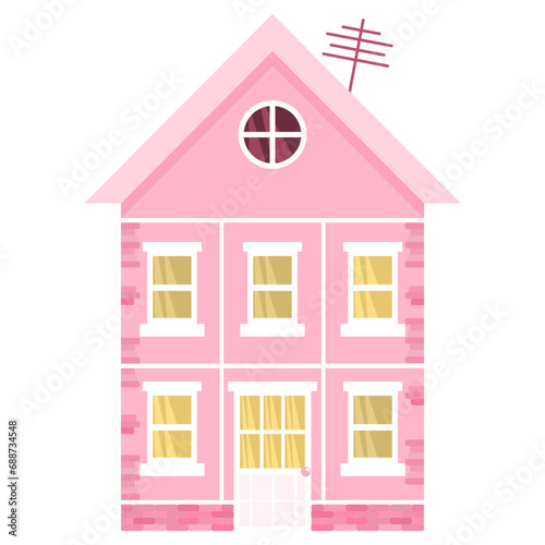 Cute pink house with white door and windows. Light in the windows. Two-story brick house in flat cartoon style. Illustration for February 14th, Valentine's Day. Isolated on white background.