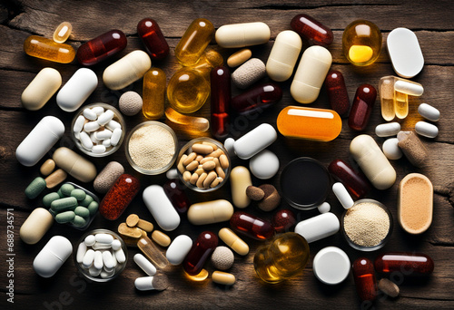 Tablets, capsules, gelatin capsules, powdered minerals. Rustic table. Top view photo