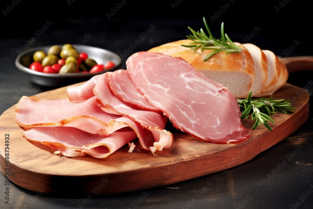 fresh prosciutto, sliced pork ham on wooden board