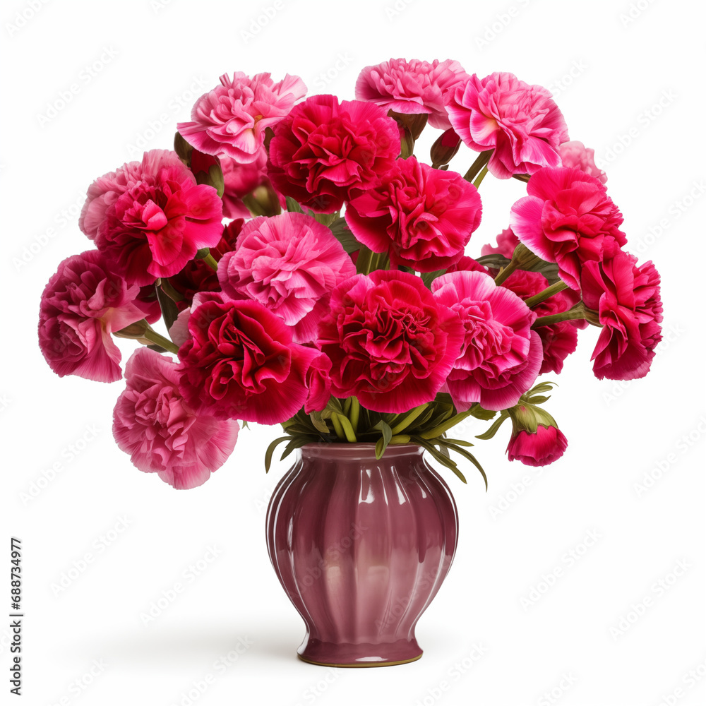 Bouquet of carnations in ceramic vase on white background, AI generation
