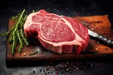 ribeye steak, raw fresh meat on wooden board on dark background