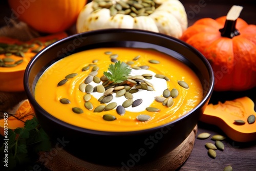 pumpkin cream soup with pumpkin seeds on wooden board with pumpkins on background