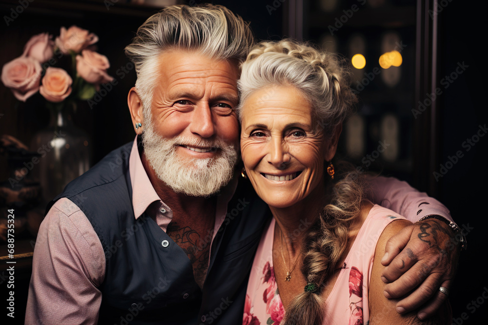 Modern and beautiful elderly couple with tattoos and biker-rock style embracing in love. Generative AI Modern and beautiful elderly couple with tattoos and biker-rock style embracing in love. Generative AI