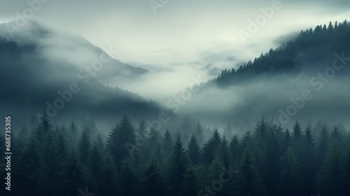 Misty Mountain Landscape with Foggy Forest and Rolling Hills in Serene Wilderness © Aazish 