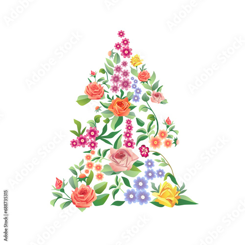 Creative floral Christmas tree. X mas decoration. Set of vintage roses. Leaves and flowers backdrop. Ethnic pattern. Decorative banner. Advertising idea. Graphic design. Happy New Year postcard.