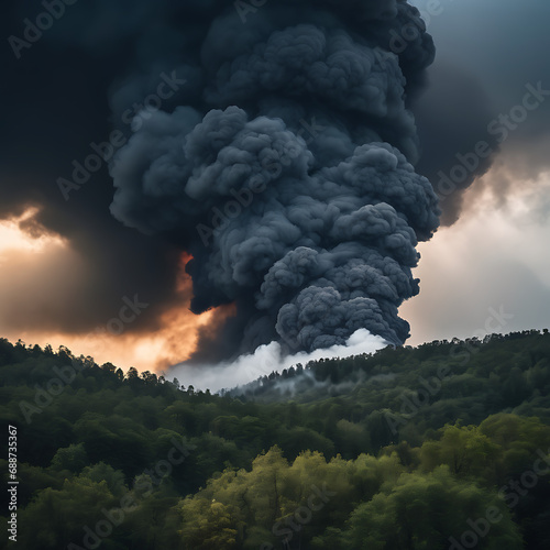 A massive, billowing cloud of dark smoke and ash erupts from a forest, casting a shadow over the land.