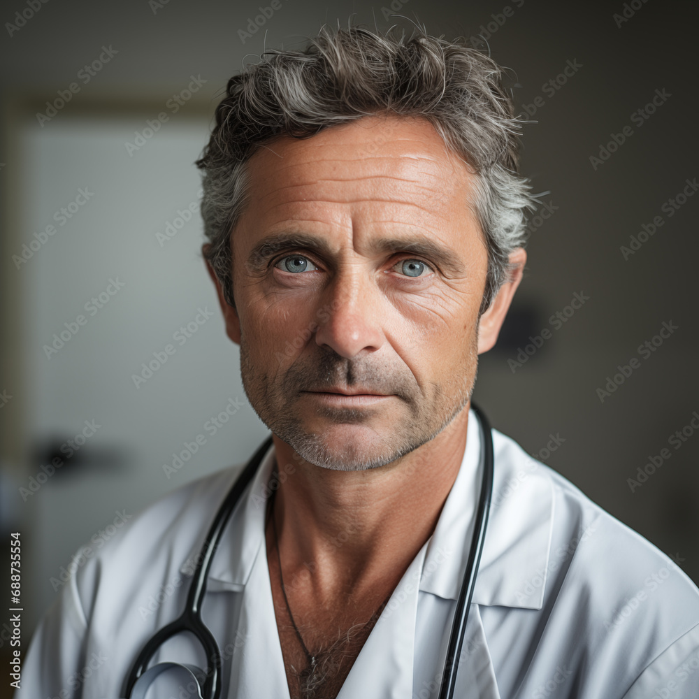 Portrait of doctor, closeup view of an experienced physician with medical stethoscope and coat Portrait of doctor, closeup view of an experienced physician with medical stethoscope and coat