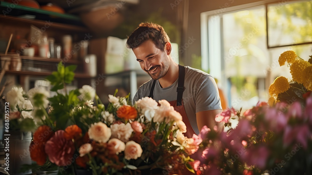 A male florist who runs a small business is employed in a flower shop to make decorations and arrangements.