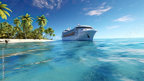 A cruise ship on a calm sea surface on a sunny day near a tropical island with palm trees. Natural background. Modern screen design.  Illustration for cover, card, postcard, interior design, brochure. © Login