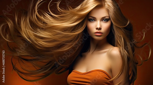 Beautiful female face with powerful silky hair and chic hairstyle. Perfect image of a beautiful woman. Beautiful feminine image. A natural beauty. Illustration for a magazine about beauty and fashion.
