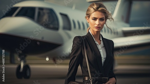 Elegant lady in the background of a private jet. Businesswoman or rich woman after a flight. Illustration for banner, poster, cover, brochure or presentation. photo