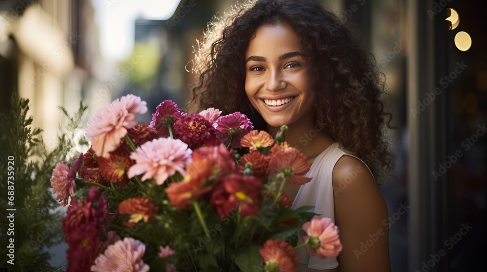 A woman holding a bunch of flowers with a smile on her face.