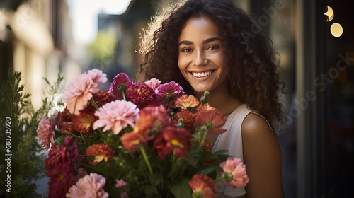 A woman holding a bunch of flowers with a smile on her face. © Roma