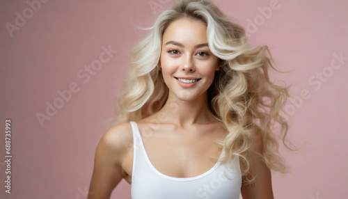 Young blonde woman in white tee on pink backdrop