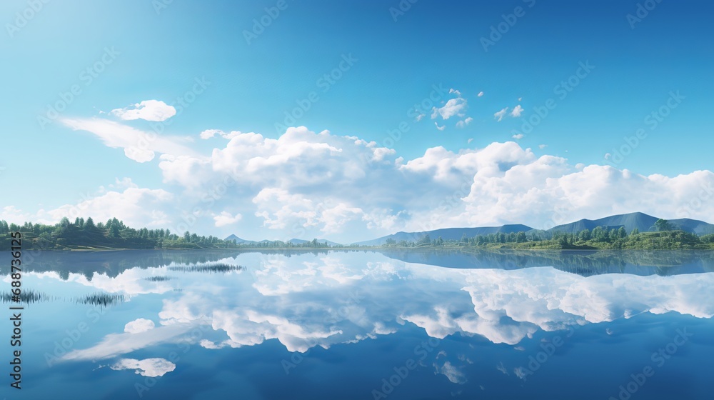 Tranquil Minimal Landscape with Blue Sky and Mountain Reflections in Water