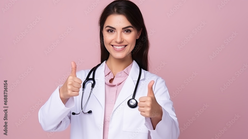 A young doctor who is smiling and wearing a medical robe with a stethoscope is holding pills and showing her thumb up on a pink wall.