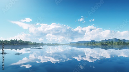 Tranquil Minimal Landscape with Blue Sky and Mountain Reflections in Water