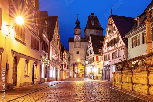 Christmas street and Tower Markusturm in medieval Rothenburg ob der Tauber  Bavaria  Germany