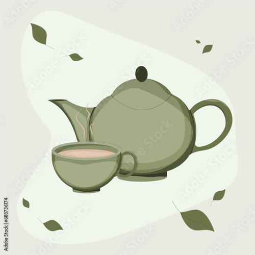 Teapot and a cup of hot tea. Tea ceremony. A poster for the kitchen or dining room.