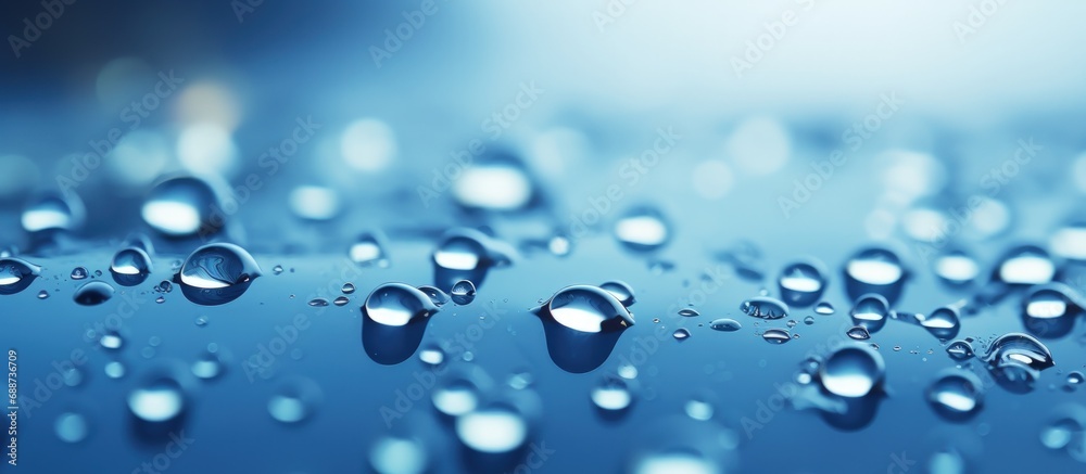 Macro view Falling blue bubbles drops of water on blur background. AI generated image