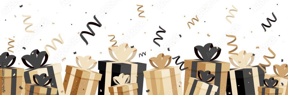 Bannière festive de cadeaux, rubans et cotillons pour célébrer des festivités et événements - Élégant - Illustration vectorielle - Paquets cadeaux pour les fêtes de fin d'année ou anniversaire - obrazy, fototapety, plakaty 