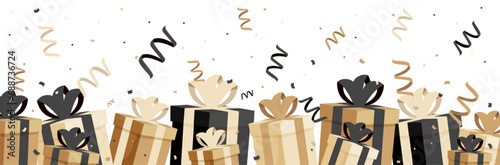 Bannière festive de cadeaux, rubans et cotillons pour célébrer des festivités et événements - Élégant - Illustration vectorielle - Paquets cadeaux pour les fêtes de fin d'année ou anniversaire