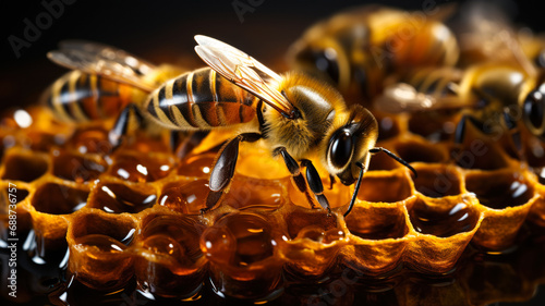 Close-up of a honey bee building a honeycomb in a hive, the importance of insects in the planet's ecosystem