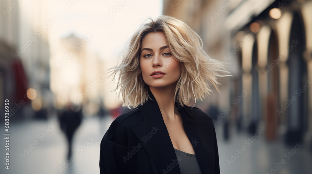 A beautiful woman with blond hair walks through the streets of the city. Girl enjoy holidays. Beautiful historical architecture. Travel weekend. Adventure lifestyle. Generated AI