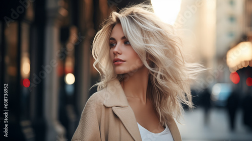 A beautiful woman with blond hair walks through the streets of the city. Girl enjoy holidays. Beautiful historical architecture. Travel weekend. Adventure lifestyle. Generated AI © Iuliia Pilipeichenko