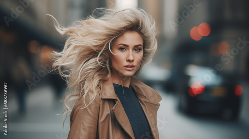 A beautiful woman with blond hair walks through the streets of the city. Girl enjoy holidays. Beautiful historical architecture. Travel weekend. Adventure lifestyle. Generated AI © Iuliia Pilipeichenko