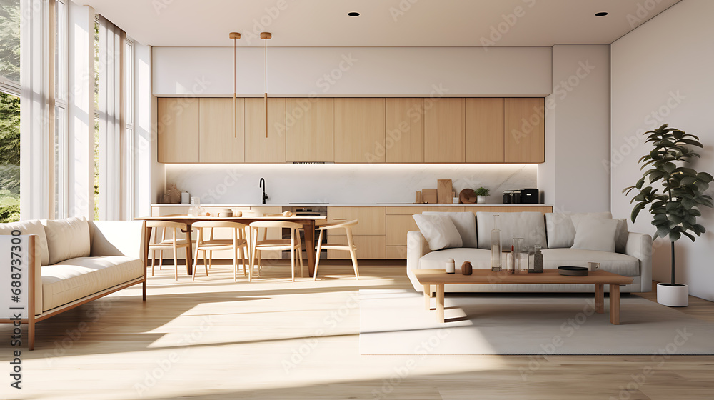 A modern minimalist home interior design with clean lines, sleek furniture, and neutral color palette, featuring an open-concept living space connected to a spacious kitchen, bathed in natural light	