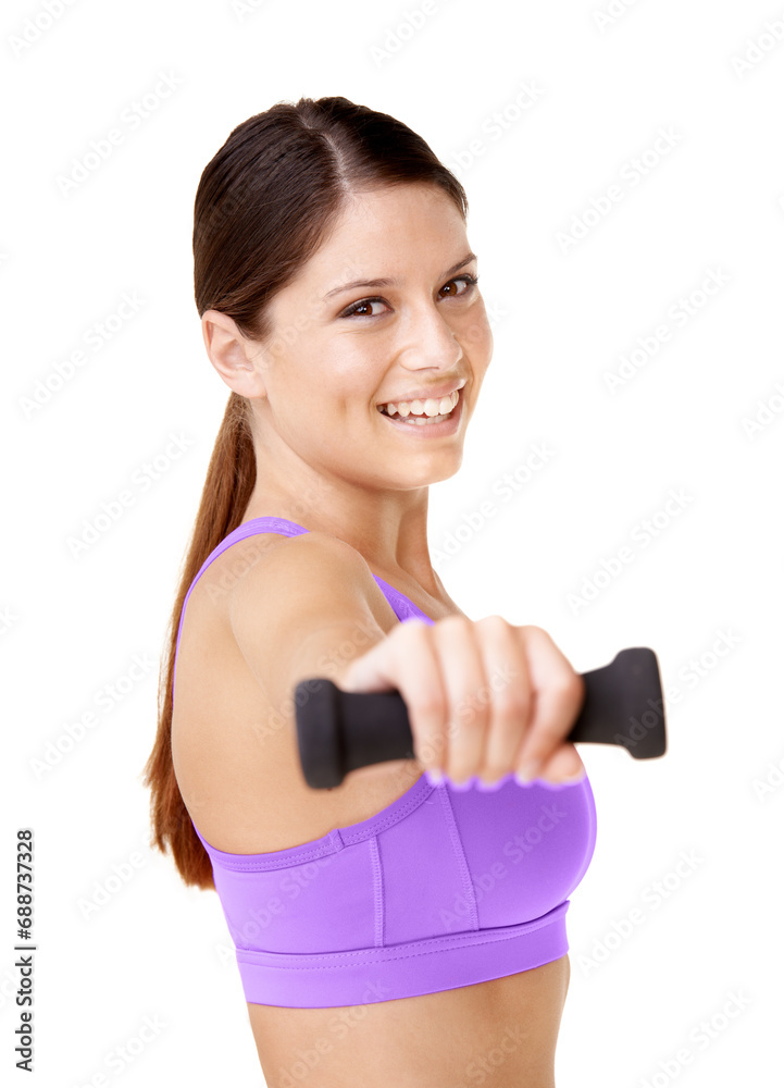 Dumbbell, exercise and portrait of woman in workout for fitness, health and wellness in white background. Studio, mockup and girl weightlifting in strong bodybuilder, challenge or training for arms Dumbbell, exercise and portrait of woman in workout for fitness, health and wellness in white background. Studio, mockup and girl weightlifting in strong bodybuilder, challenge or training for arms