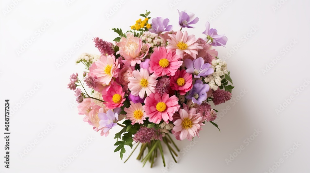 A woman holds a bouquet of flowers in a white background