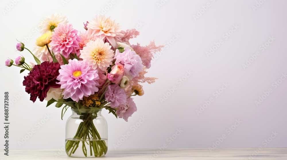 A woman holds a bouquet of flowers in a white background