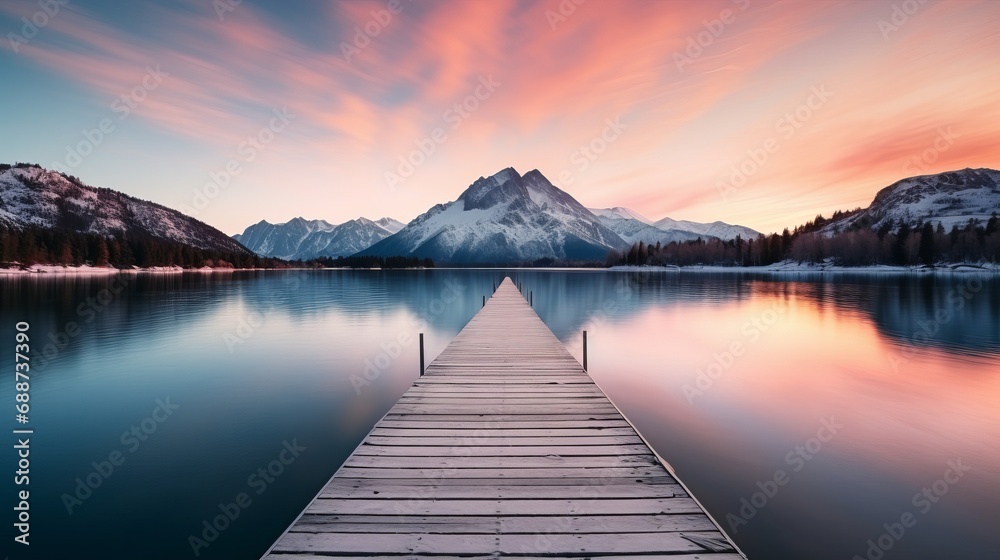A vertical image depicts a wooden passage passing over a reflective small lake and the horizon with a mountain range in the background