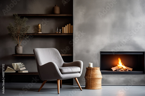 Modern grey chair by fireplace against concrete wall with shelves. Scandinavian home interior design of living room