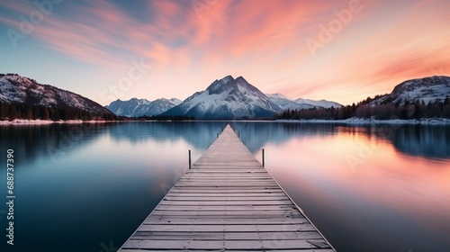 A vertical image depicts a wooden passage passing over a reflective small lake and the horizon with a mountain range in the background © Ruslan