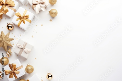 Christmas gifts and ornaments spread out on a white background.