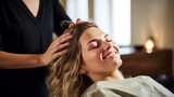 A woman is receiving treatment at a hair salon.