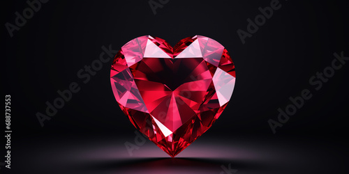 Valentine's day banner. Ruby gemstone heart shape on dark background.