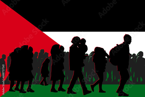 \Refugees from the Gaza Strip on the background of the Palestinian flag, silhouette. Women and children.