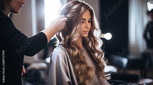 A woman is in the process of getting her hair cut at a beauty salon photo