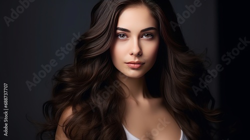 An isolated studio was used to capture a portrait of a beautiful brunette model with make-up and a hairdresser combing her gorgeous hair before shooting.