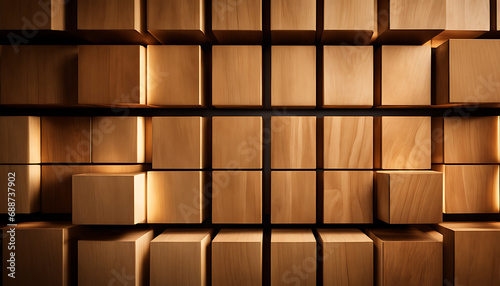 A wooden wall panel features a grid of rectangular blocks in varying woods  creating a textured decorative pattern